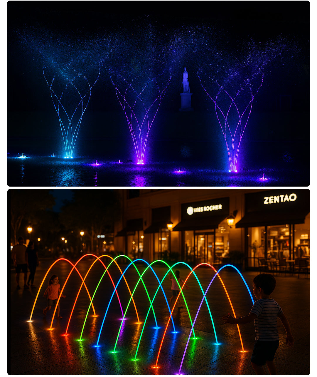 Collage of three images showing fountains: a daytime fountain, a night-time fountain with blue light, and a colorful fountain at night.