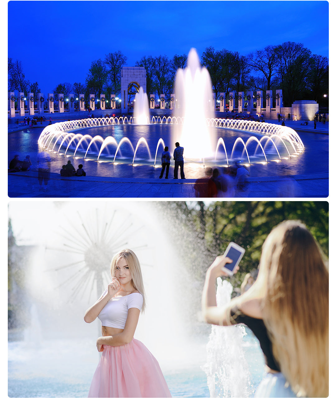 Fountain show with people watching at night, followed by a woman in a white top and pink skirt posing in front of water splashes.