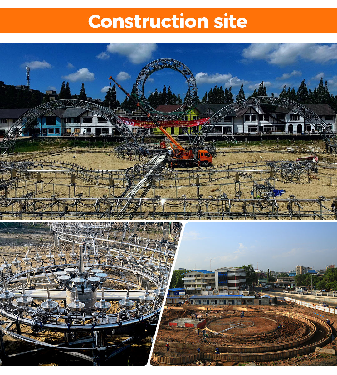 Construction site of a roller coaster with completed sections and surrounding area.