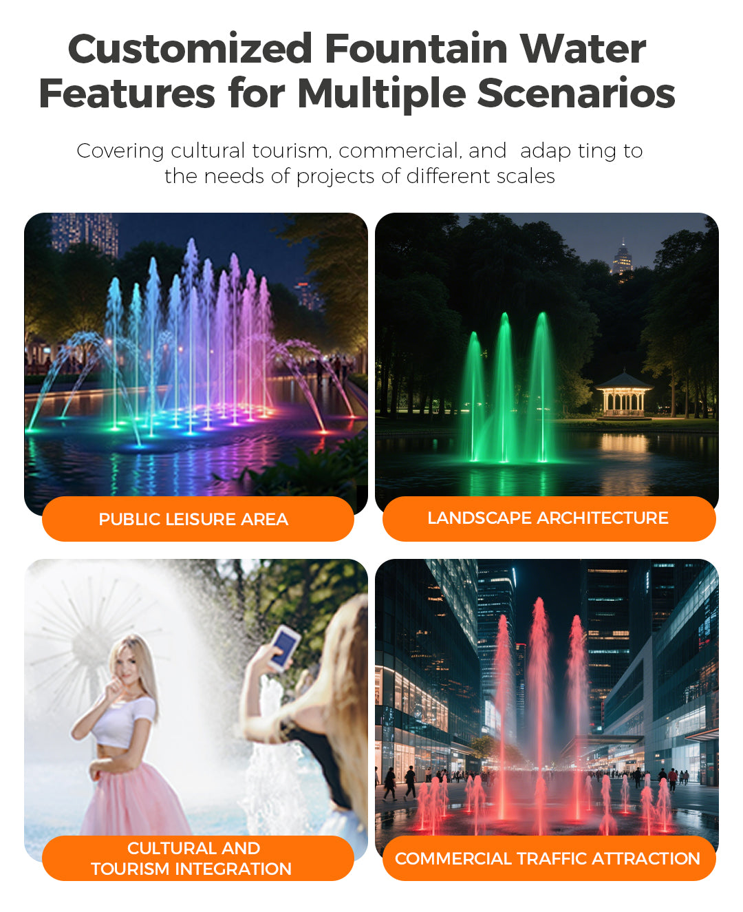 Promotional graphic for customized fountain water features with images of fountains in different settings.