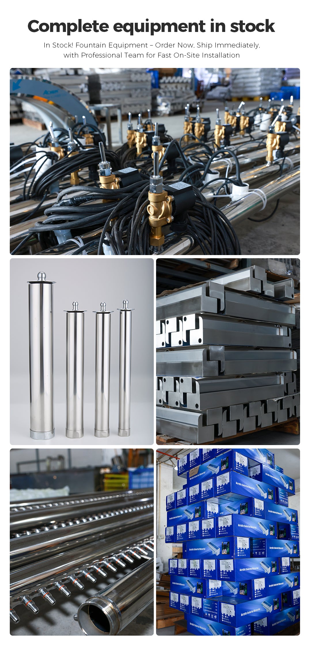 Collage of metal equipment and materials with text about complete equipment in stock.