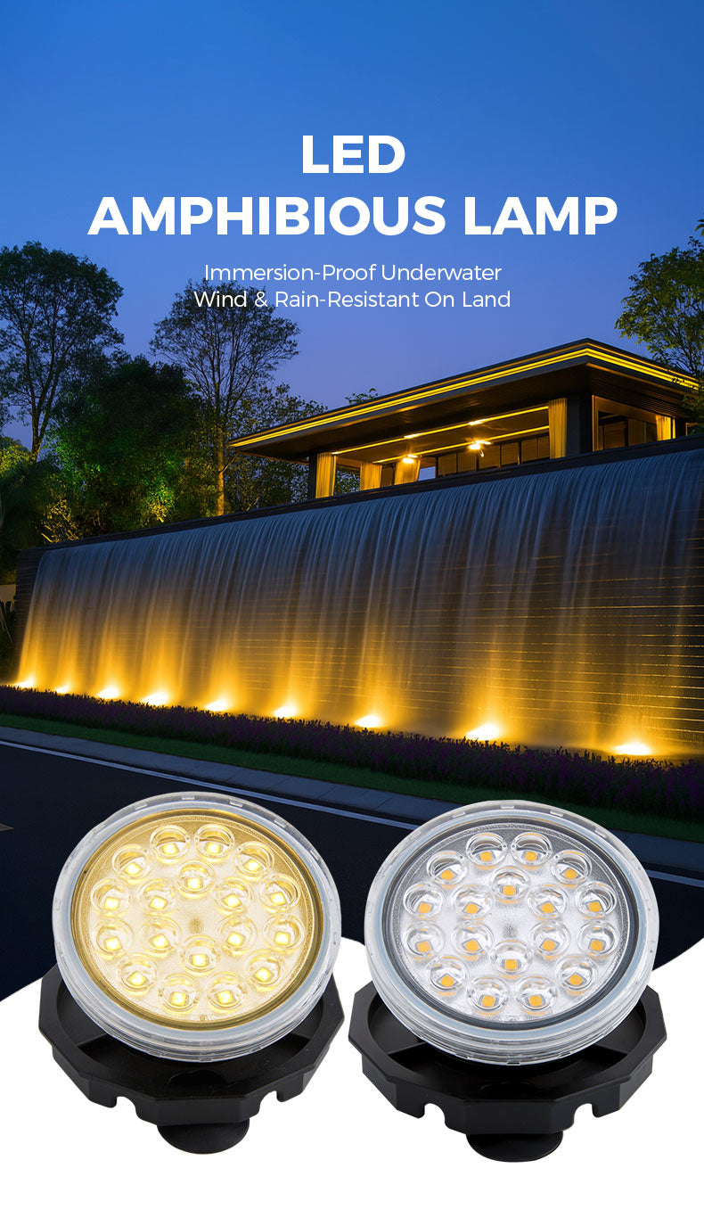 LED amphibious lamp with two models shown, set against a scenic background of a building and trees.