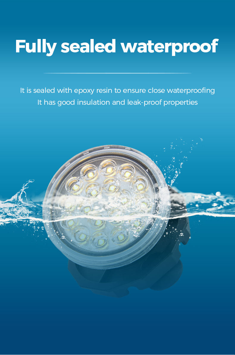 LED light bulb submerged in water with text about waterproofing on a blue background