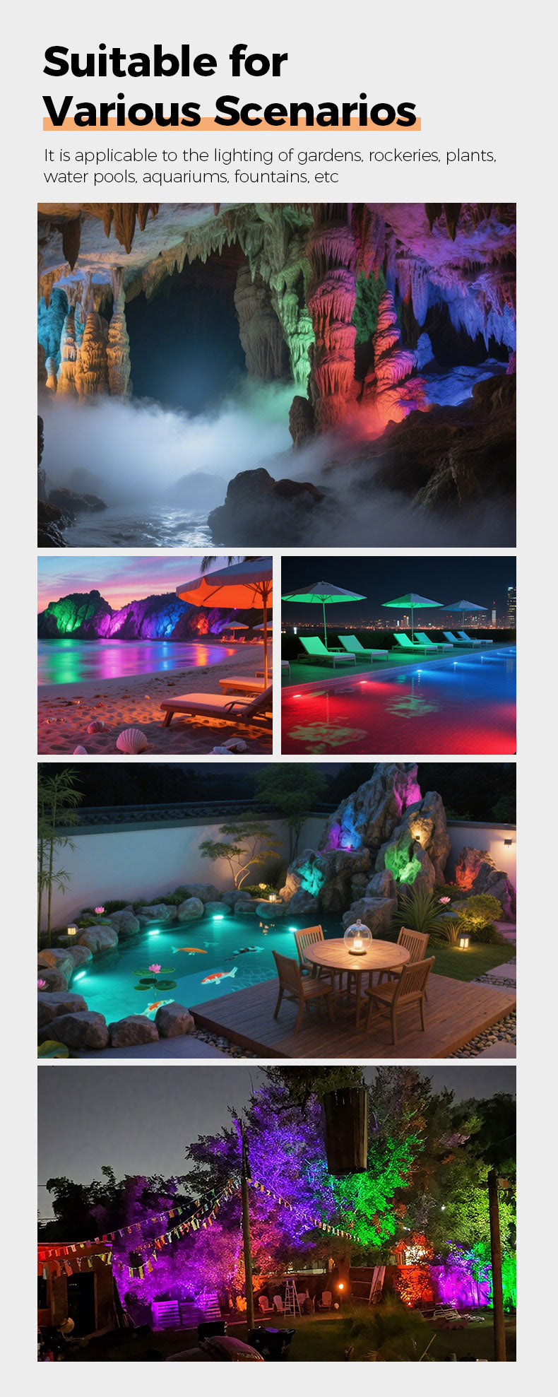 Collage of various outdoor scenes illuminated with colorful lighting, suitable for gardens, pools, and fountains.