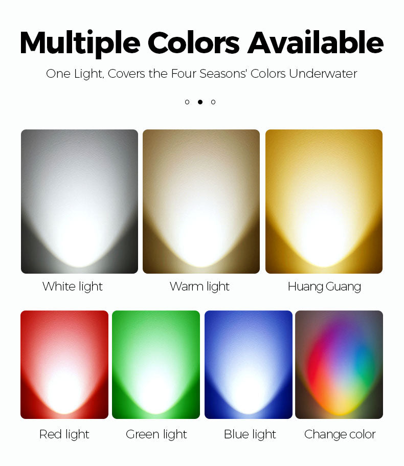 Color options for an underwater light with white, warm, Huang Guang, red, green, blue, and change color lights.