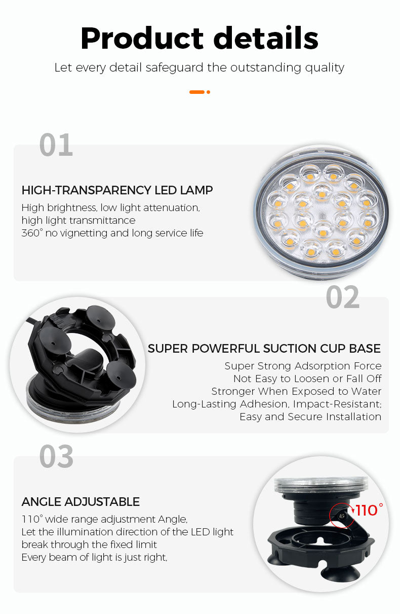 Product details of a high-transparency LED lamp with a super powerful suction cup base on a white background.