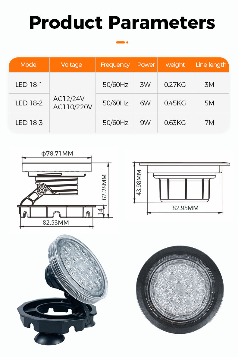 Product parameters table for LED lights with specifications and dimensions.