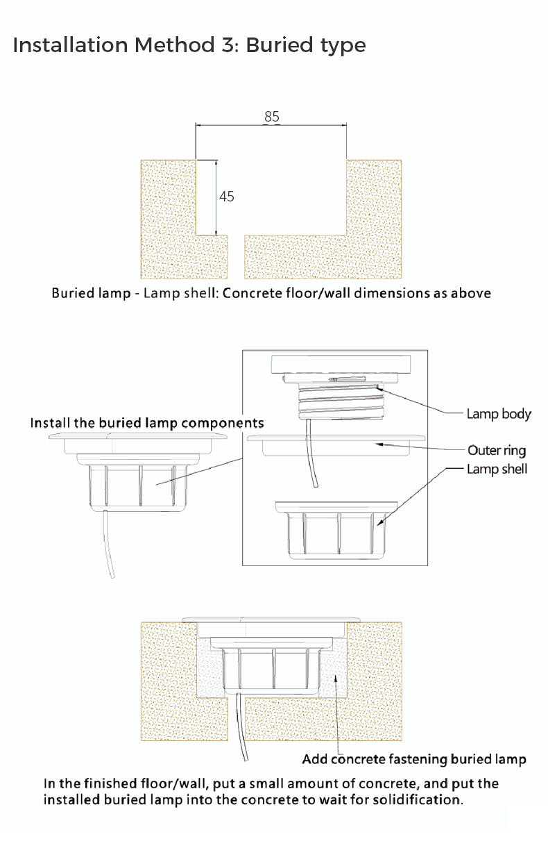 Technical diagram of buried lamp installation method with dimensions and steps.