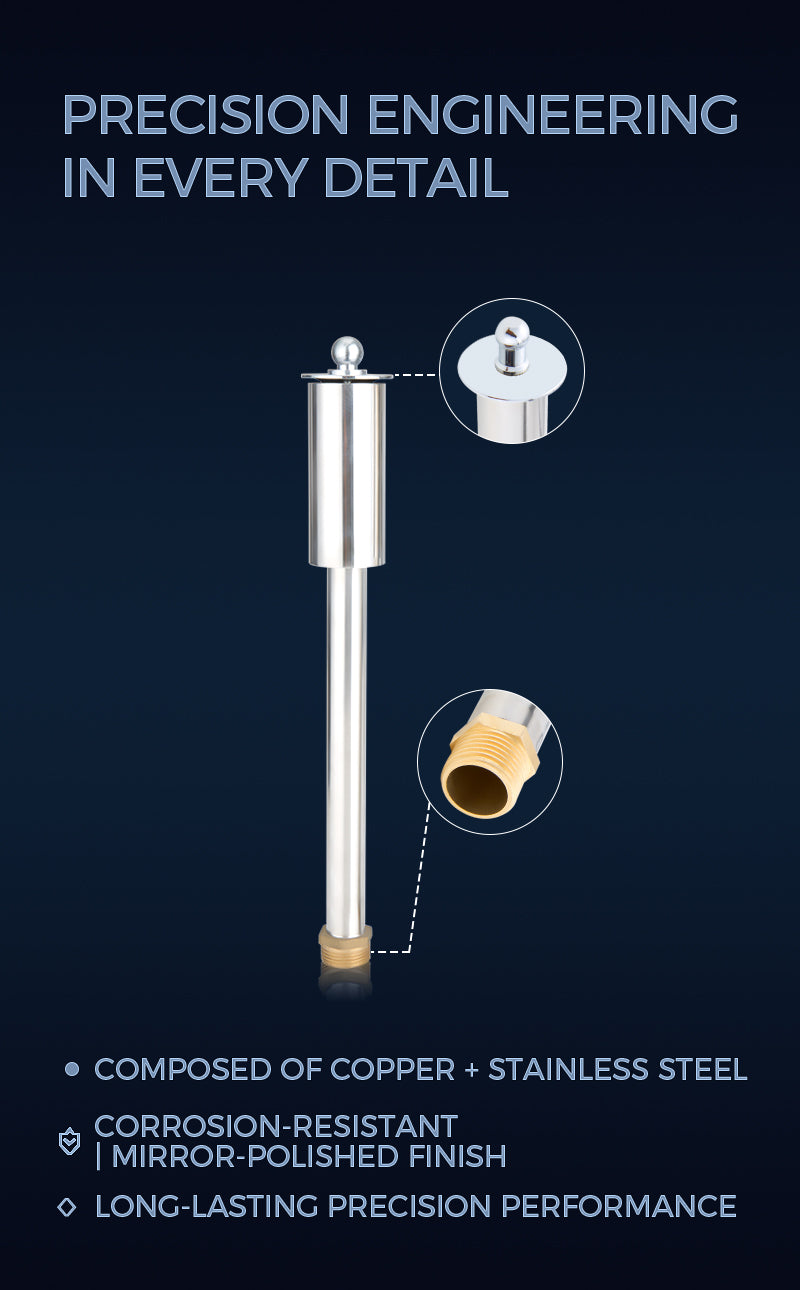 Copper and stainless steel component with detailed features on a dark blue background     