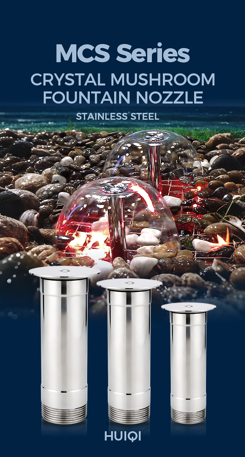 Crystal mushroom fountain nozzles with 'MCS Series' text on a scenic background.