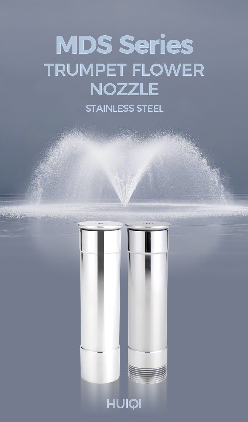 Two stainless steel nozzles with water spray on a gray background, labeled 'MDS Series Trumpet Flower Nozzle'.