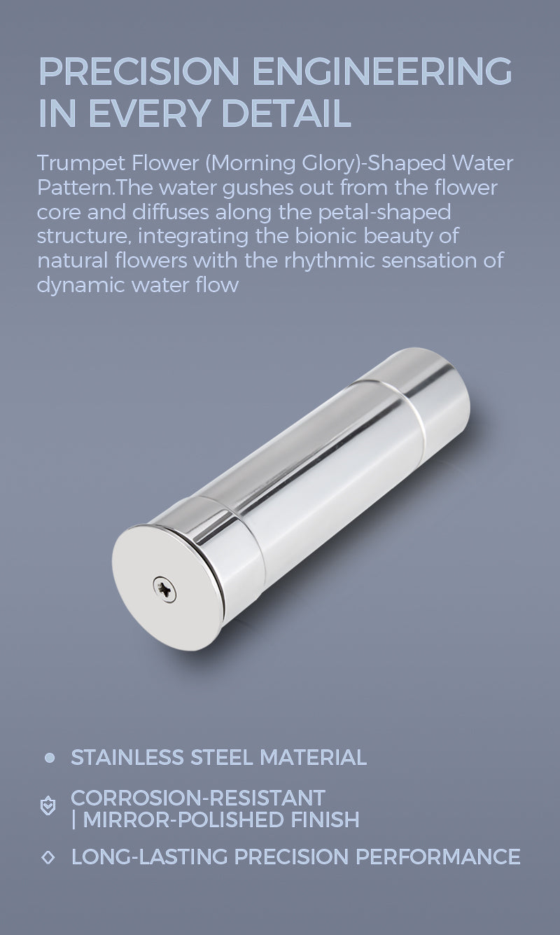 Water pattern in the shape of a trumpet flower (morning glory). Water gushes out of the flower core and spreads along the petal-like structure. Combine the bionic beauty of natural flowers with the rhythmic sense of dynamic water flow