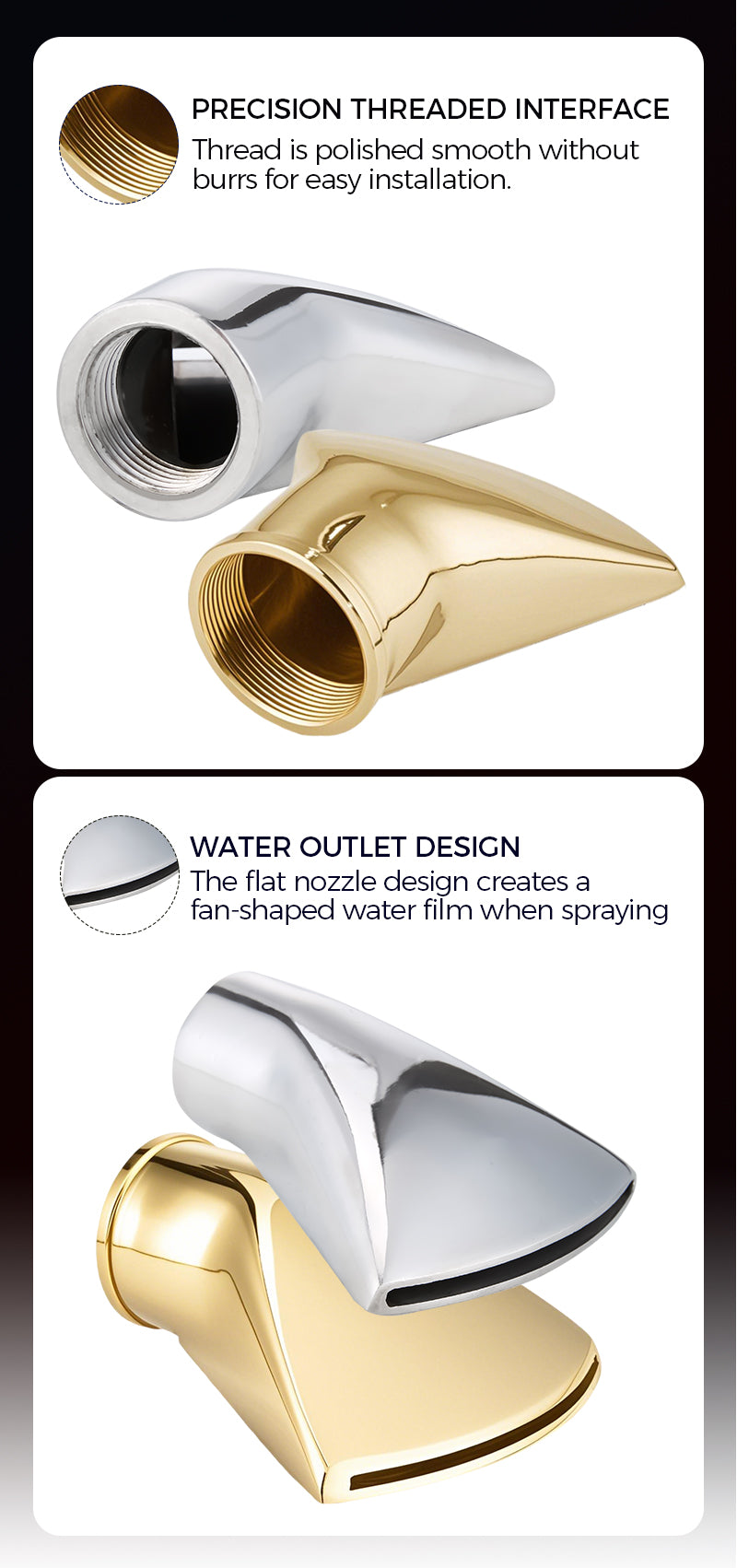 Gold and silver shower head with threaded interface and water outlet design features.      