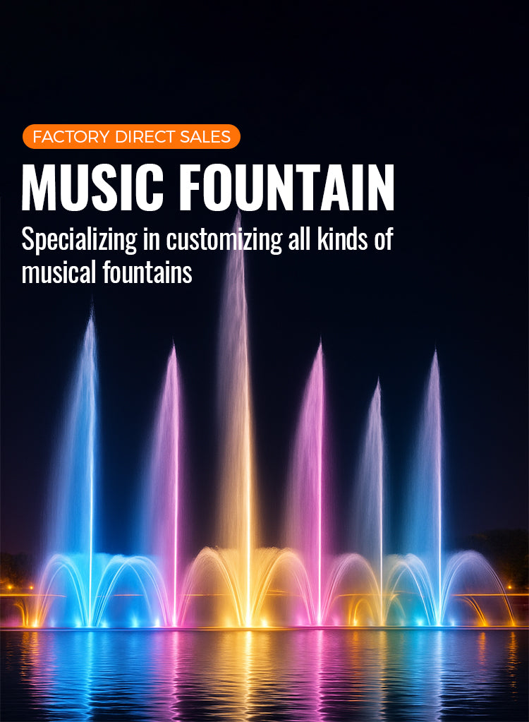 Colorful music fountain with text about factory direct sales and customization services.