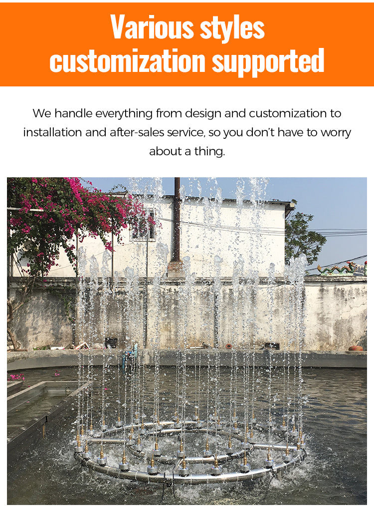 Fountain with water features in an outdoor setting, featuring text about customization support.
