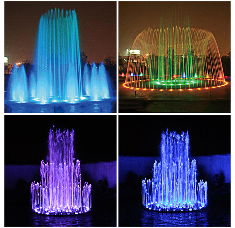 Collage of four images showing a colorful fountain at night.
