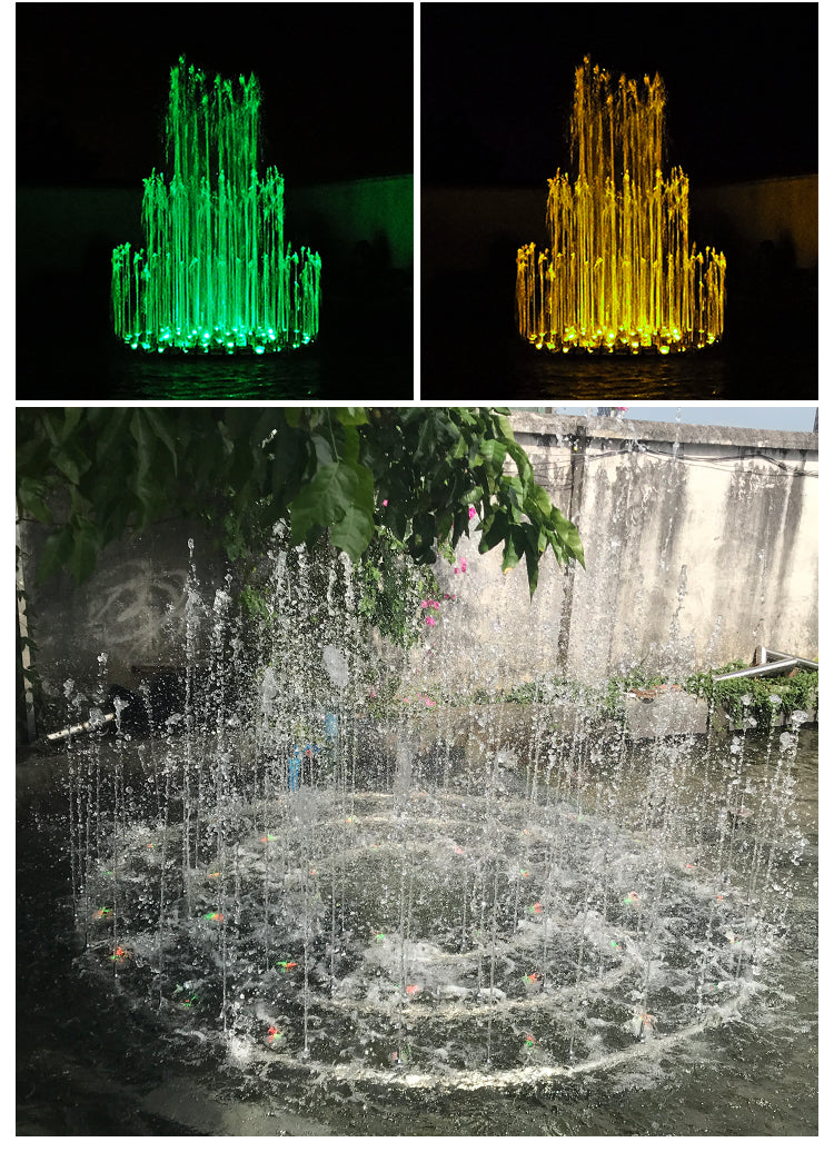 Three images of LED string lights in green, yellow, and white, with a fountain in the background.