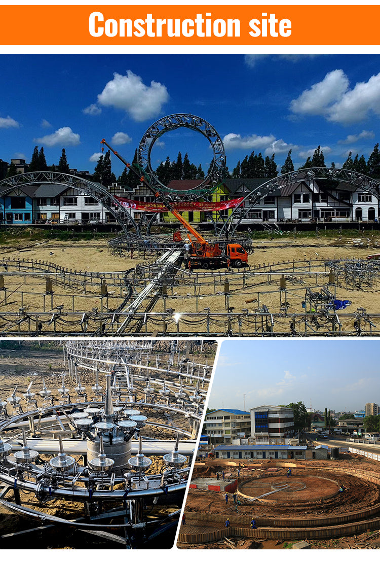 Collage of a construction site with a roller coaster, including various stages of development.