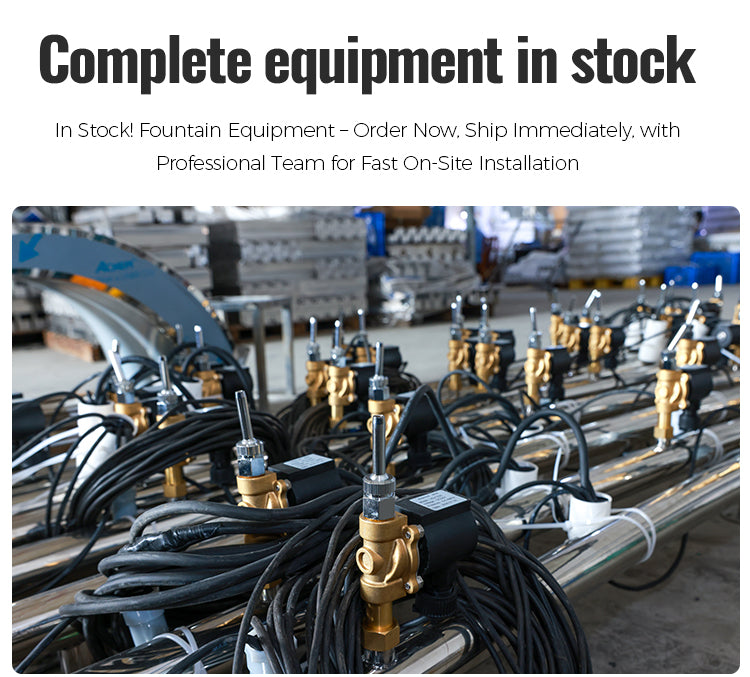 Fountain equipment with hoses and valves on a pallet, with text about stock availability and installation services.