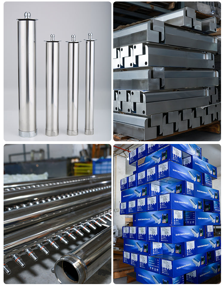 Collage of metal products including cylindrical and rectangular shapes, with a stack of blue boxes in the background.