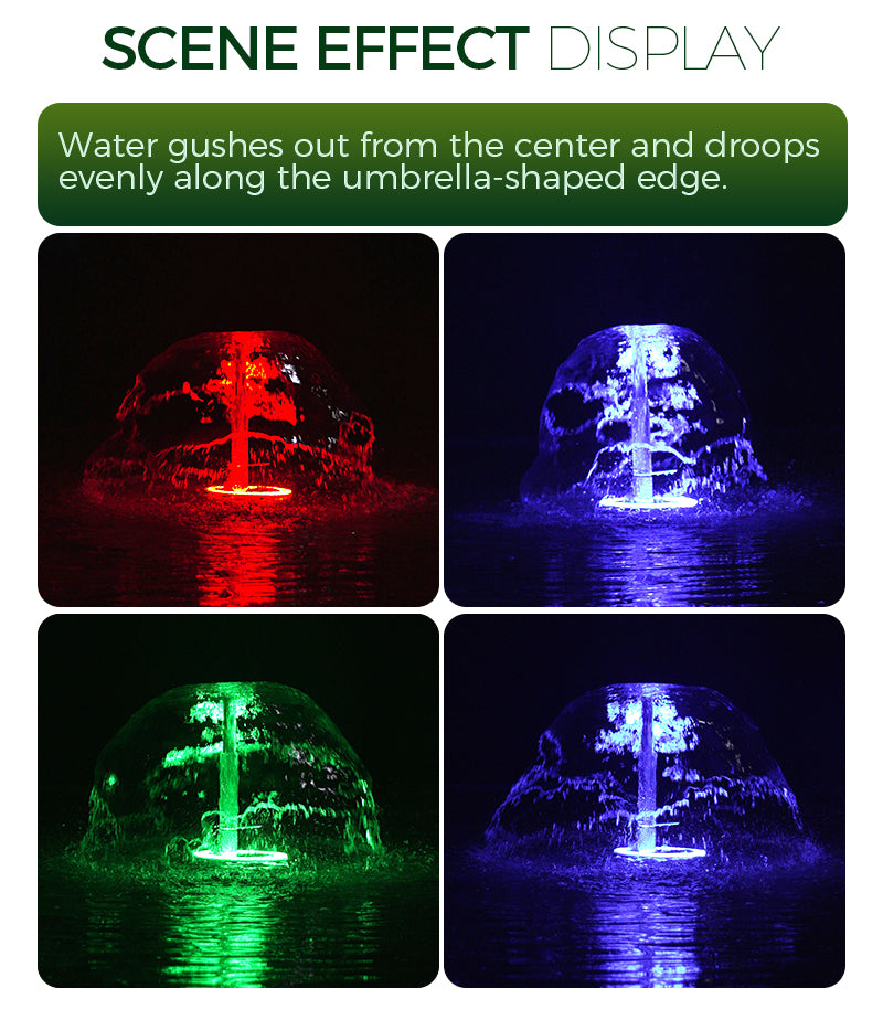 water gushing from an umbrella-shaped object in red, blue, green, and purple.           