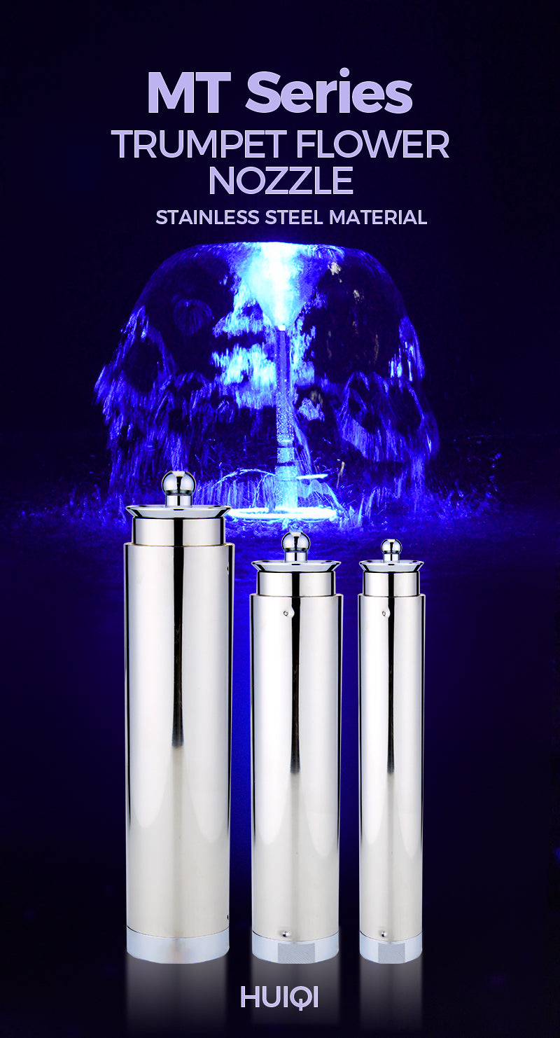 Three metallic trumpet flower nozzles with a dark background and blue light effect.