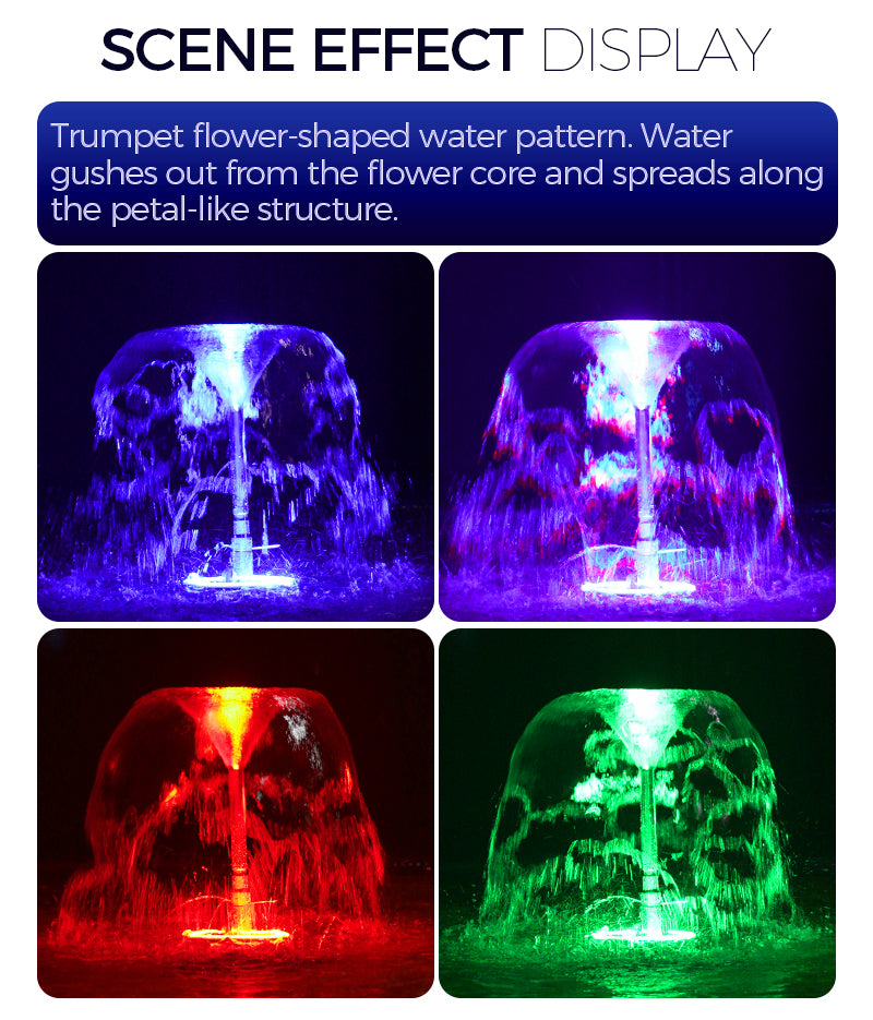Demonstration of a trumpet flower-shaped water pattern with color-changing water effects.     
