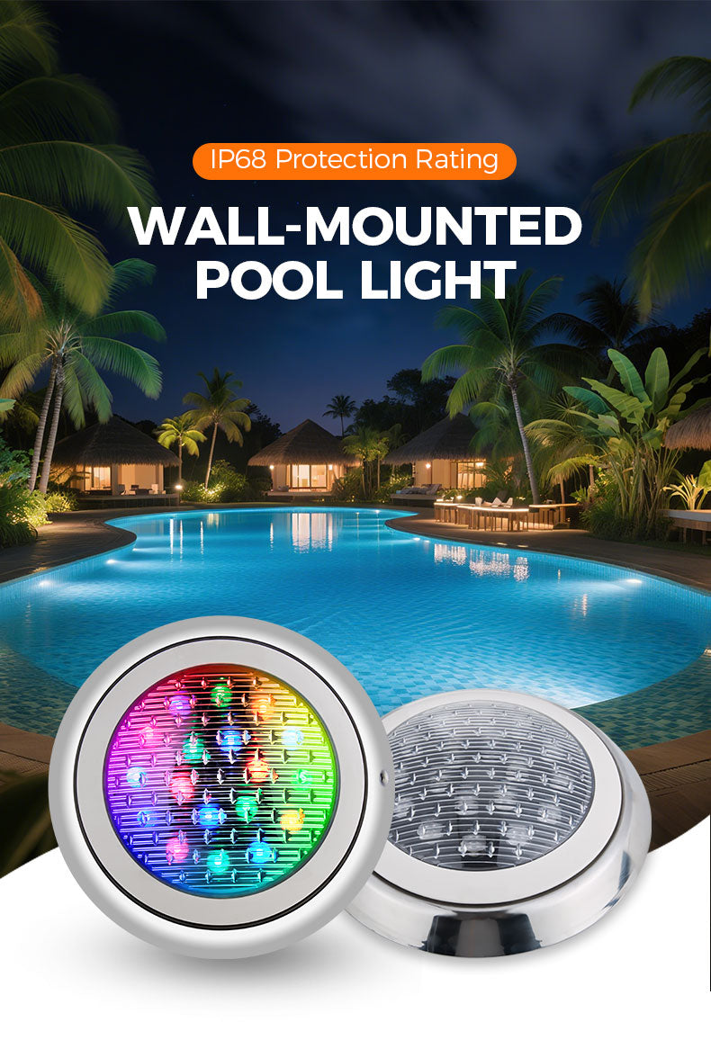 Wall-mounted pool light with colorful design on a poolside background
