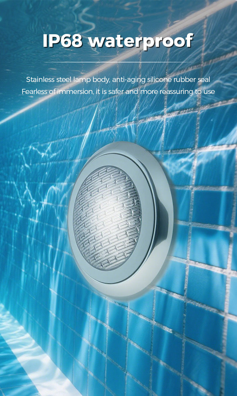 IP68 waterproof light fixture on a pool wall with text about its features.