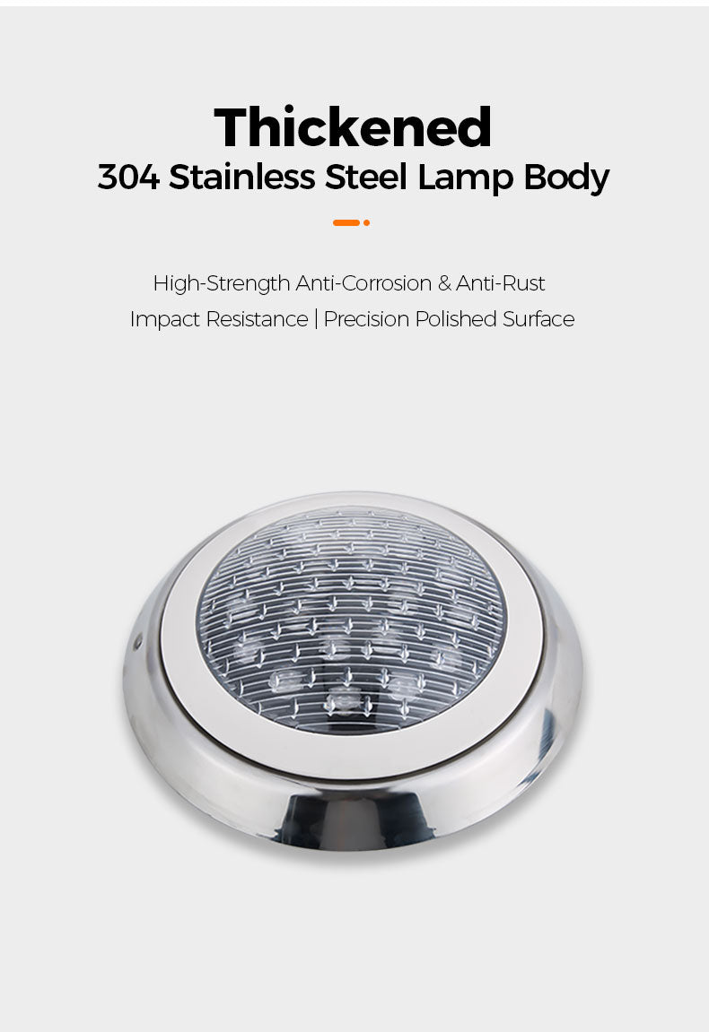304 Stainless Steel Lamp Body on a white background with text highlighting features.