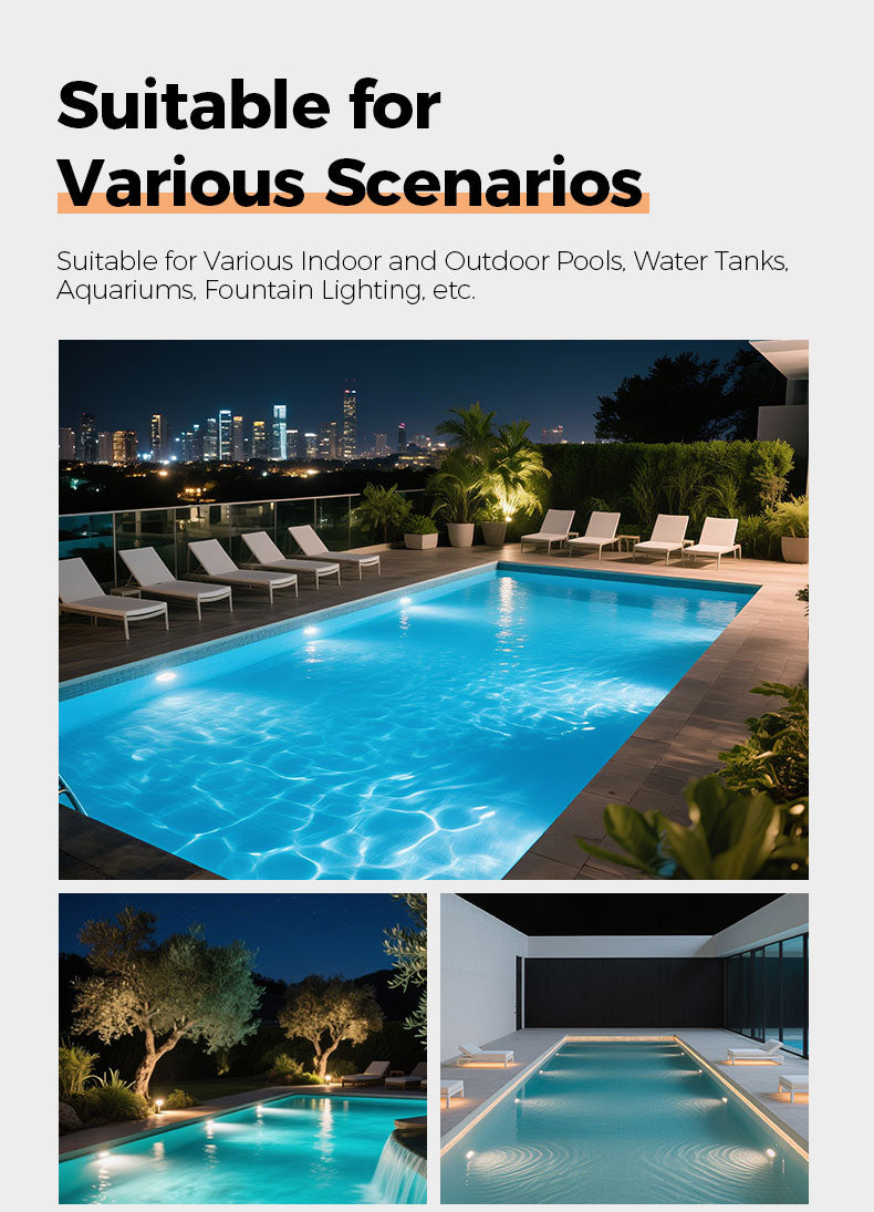 Pool at night with city skyline, chairs around the pool, and indoor pool setting.