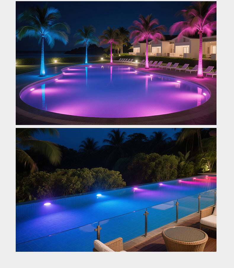 Two views of a pool with colorful lighting at night, surrounded by palm trees and outdoor furniture.
