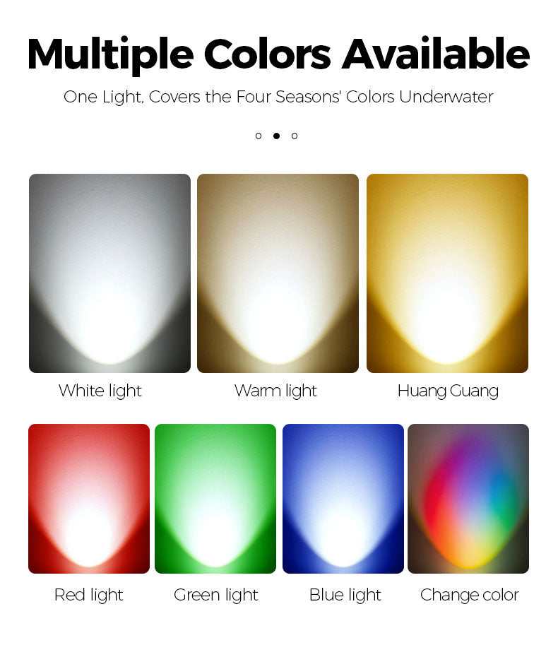 Color options for an underwater light with labels for white, warm, Huang Guang, red, green, blue, and change color.