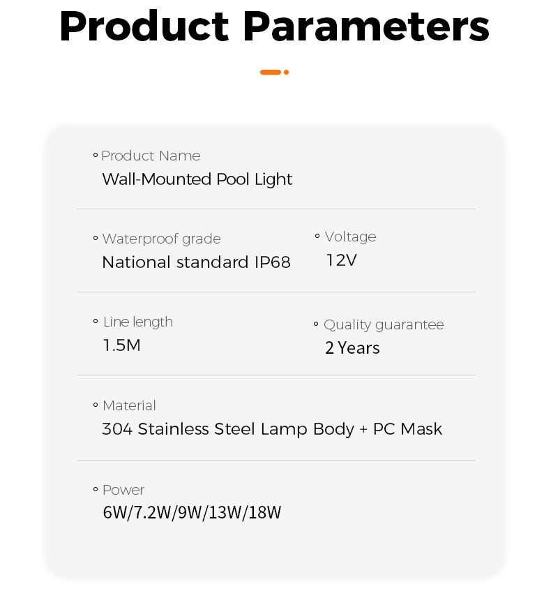 Product parameters of a wall-mounted pool light on a white background
