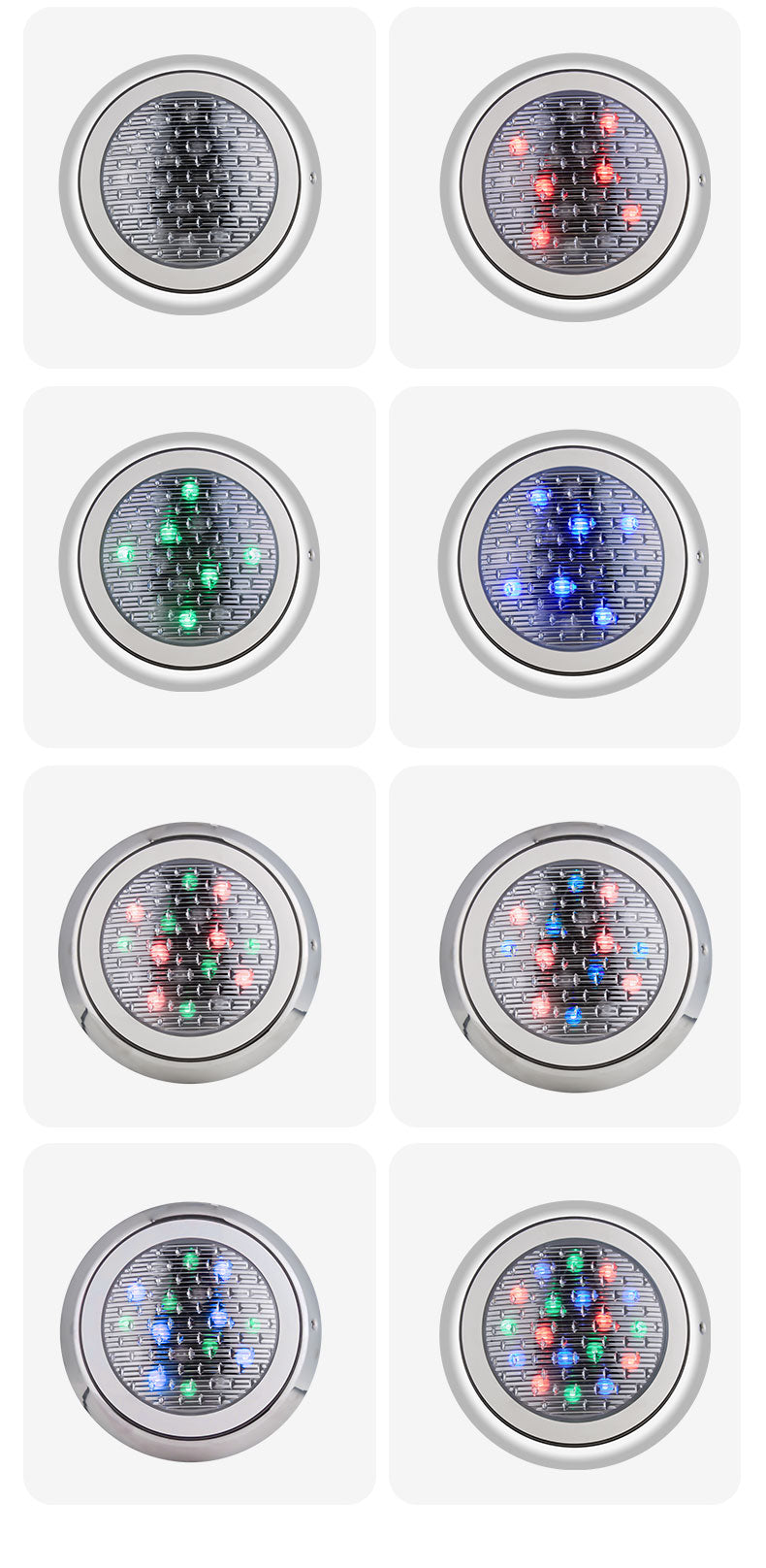 Nine circular LED lights with multicolor patterns on a white background
