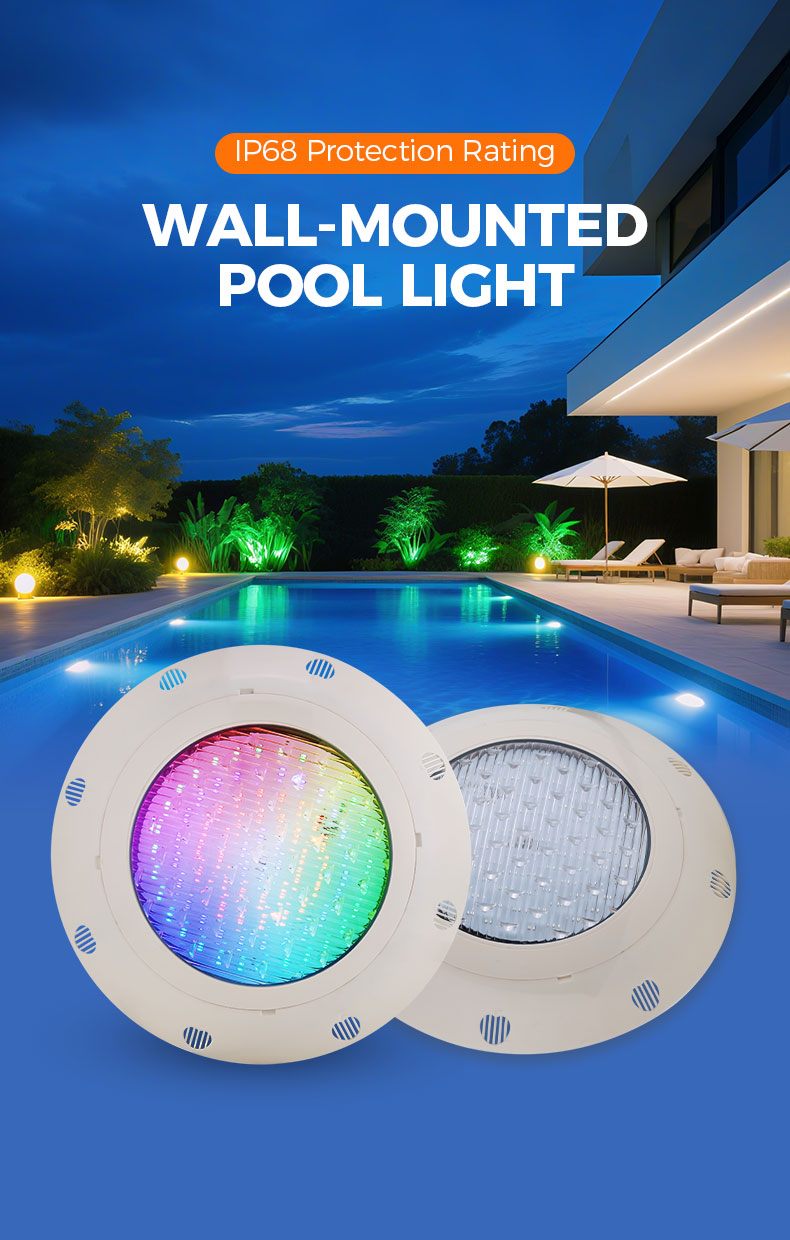 Two wall-mounted pool lights with colorful and white illumination, set against a poolside background.