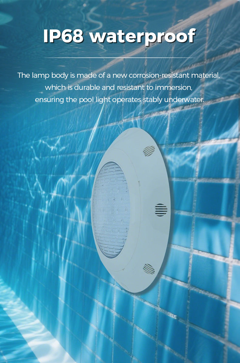 Pool light with IP68 waterproof rating on a pool wall.