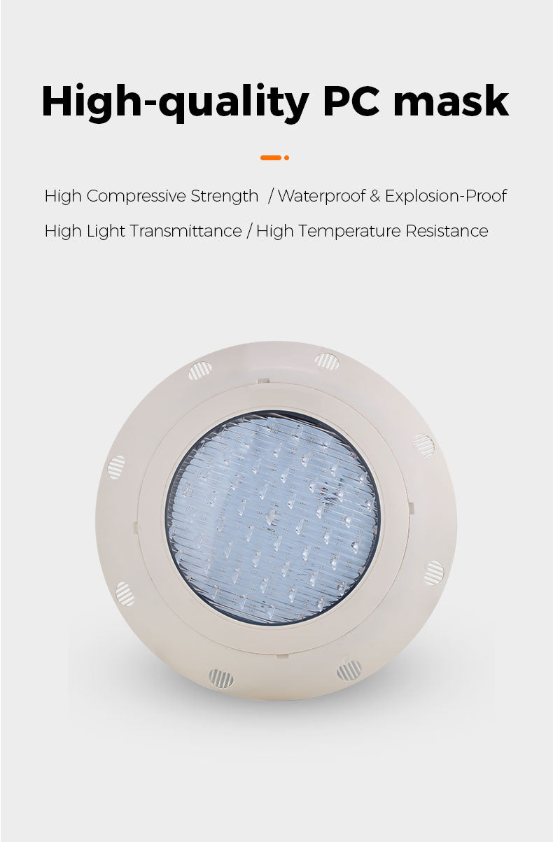 High-quality PC mask with text on compressive strength, waterproofness, explosion-proofing, light transmittance, and temperature resistance.