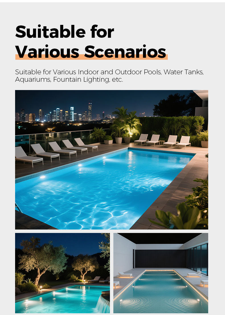 Collage of a pool at night with city skyline and lounge chairs, suitable for various pools and lighting scenarios.