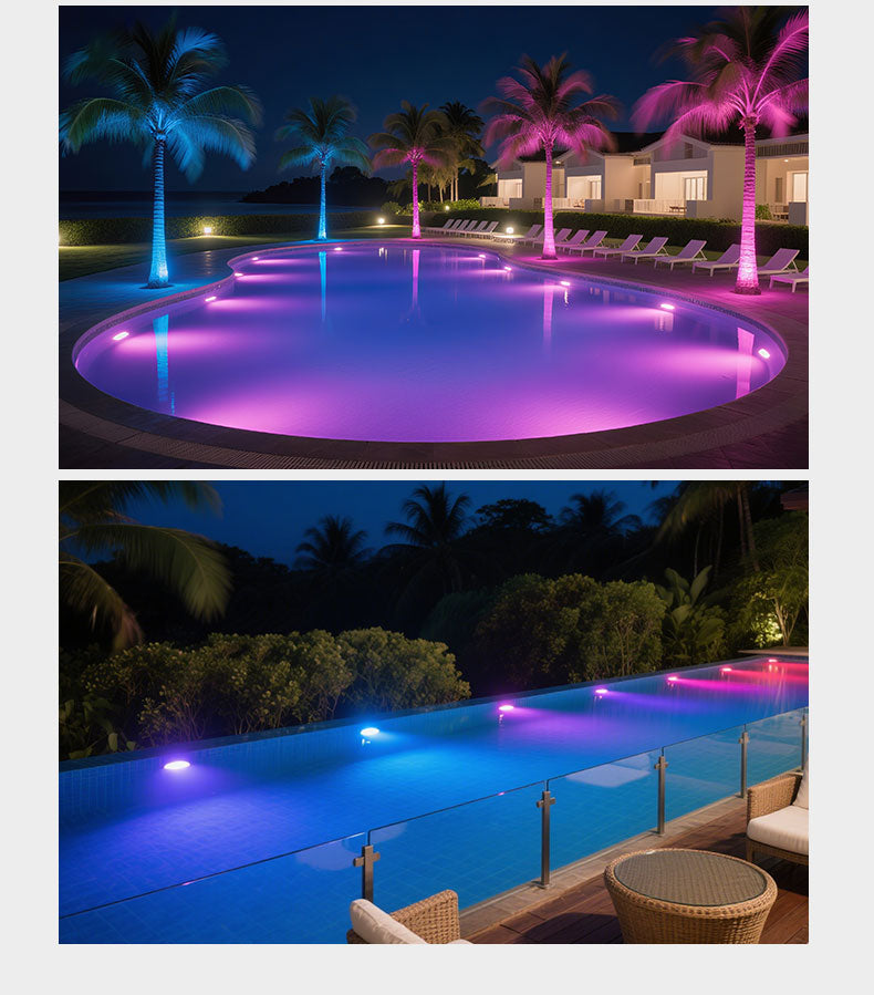 Two views of a pool at night with colorful lighting, surrounded by palm trees.