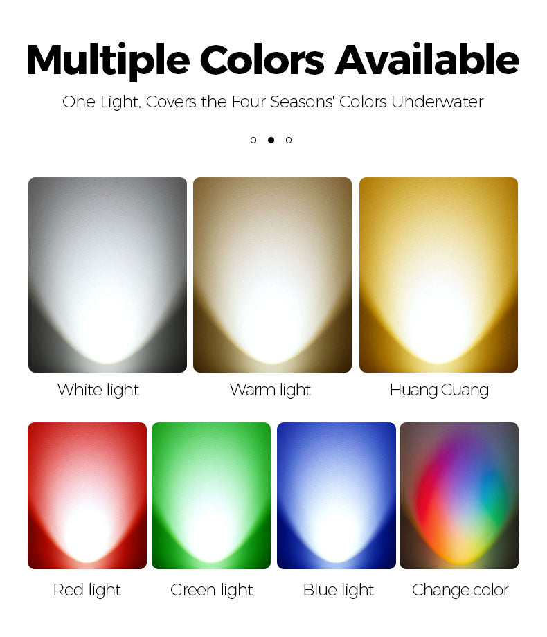 Color options for a light source with labels for white, warm, Huang Guang, red, green, blue, and change color.