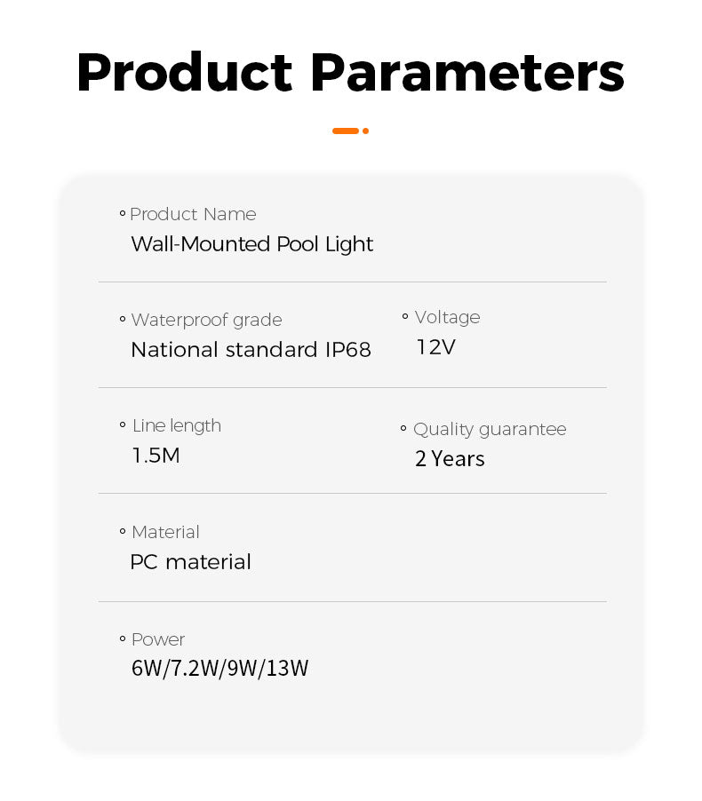 Product parameters of a wall-mounted pool light on a white background