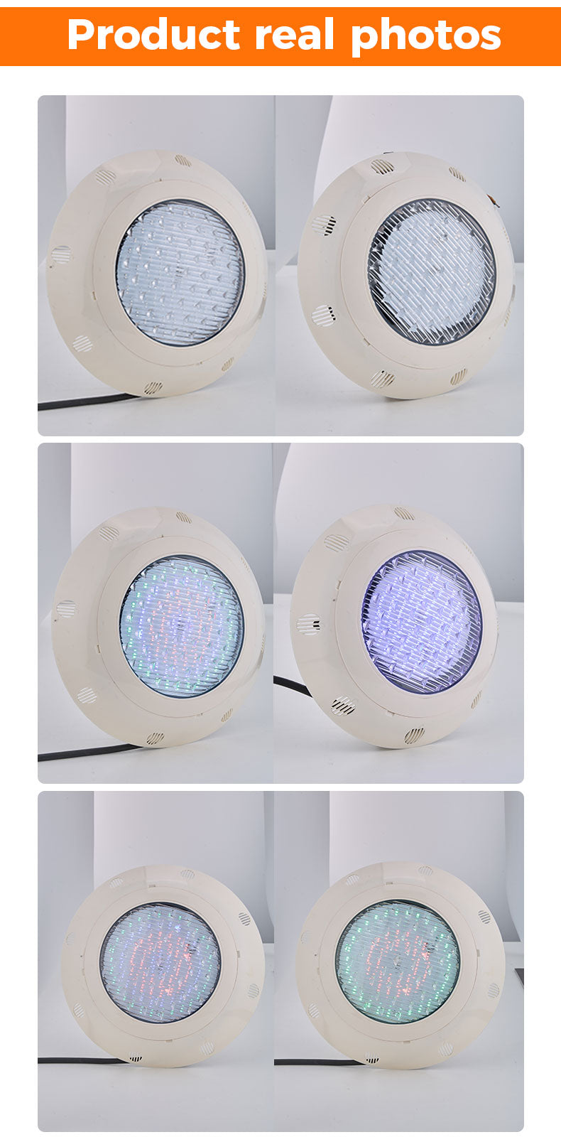 Set of six round underwater lights on a white background with 'Product real photos' text at the top.