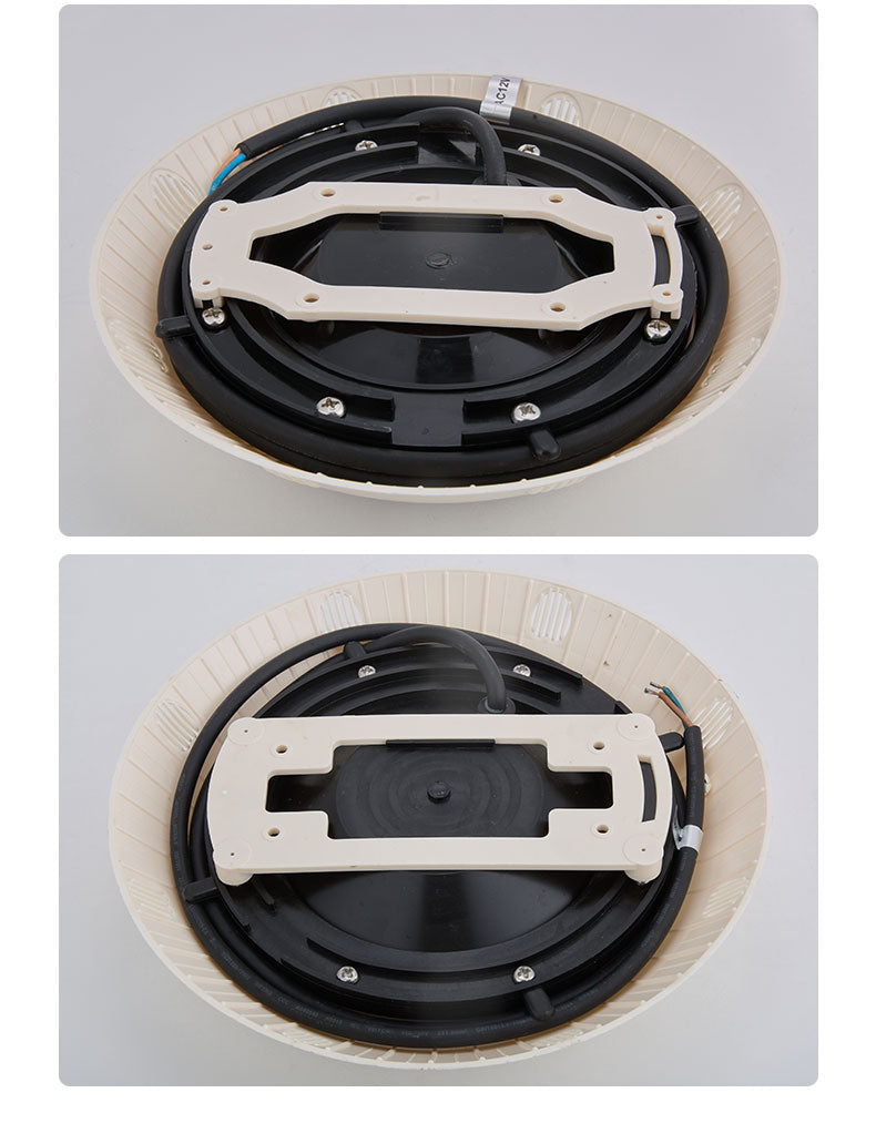 Two views of an in-ceiling speaker with beige frame and black driver on a white background.