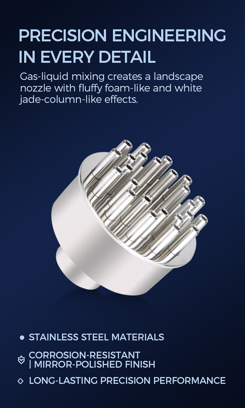 Close-up of a gas-liquid mixing nozzle with text highlighting its features on a dark blue background.