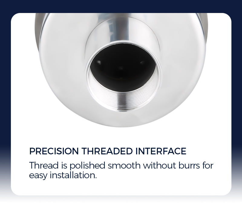 Close-up of a precision threaded interface with text on a white background