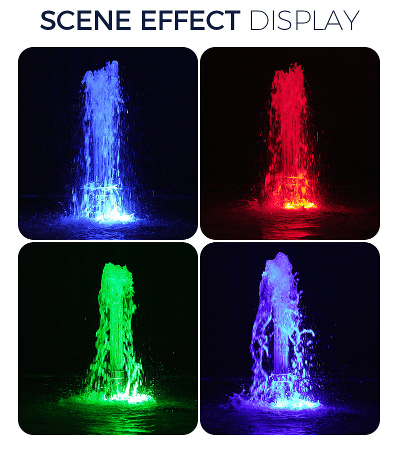 Four different colored water fountains displayed against a black background.