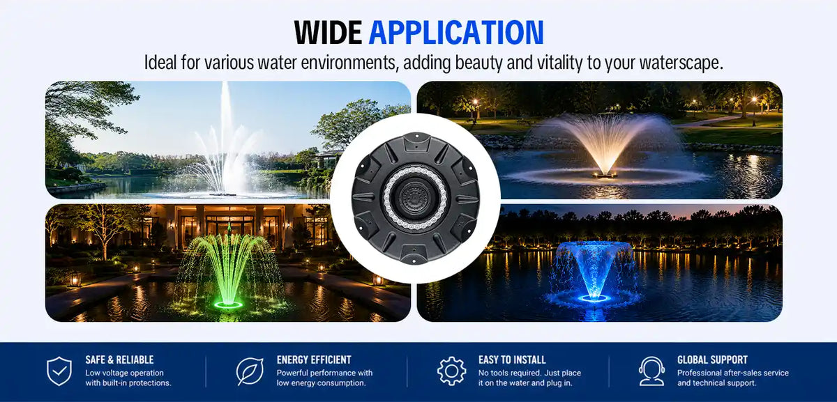 Floating fountain water film nozzle with purple LED — wide fan jet display in garden pond