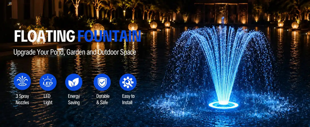 HQ-FB380A floating fountain components — pump, stainless steel filter, LED ring and nozzle heads