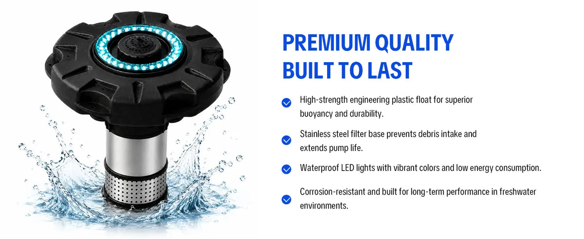 Floating pool fountain with red LED shower nozzle — soft umbrella water spray effect